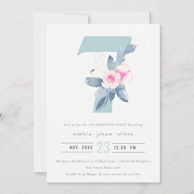 INVITACIÓN FLORAL AZUL DE RUBOR ROSA SUAVE 7 CUALQUIER CUMPLE (Anverso)