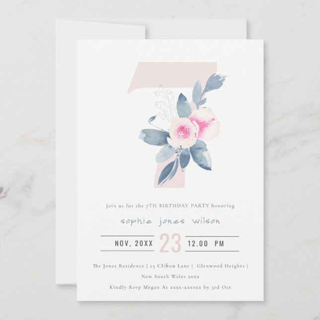 INVITACIÓN FLORAL AZUL DE RUBOR ROSA SUAVE 7 CUALQUIER CUMPLE (Anverso)