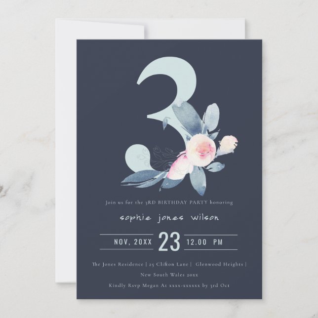INVITACIÓN FLORAL AZUL DE RUBOR SOFT NAVY 3ª CUALQUIER CUMPLE (Anverso)