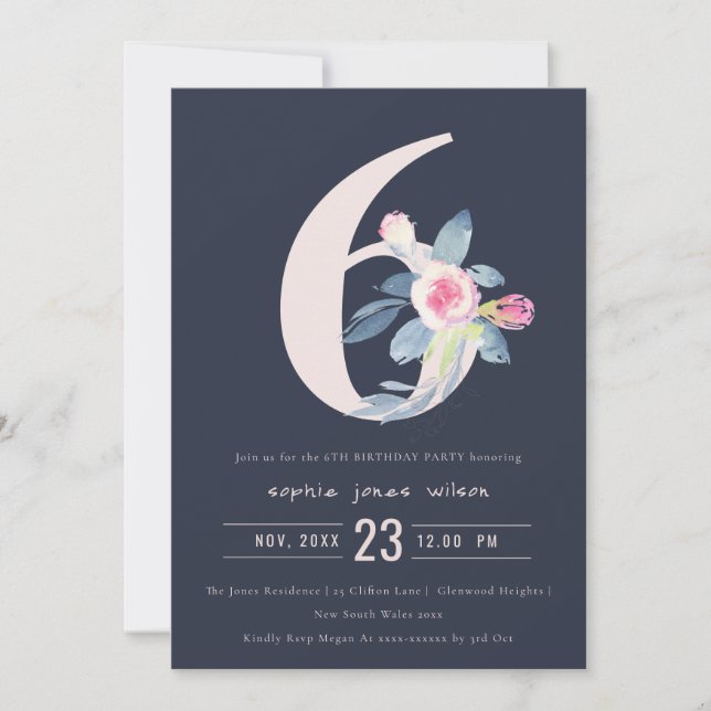 INVITACIÓN FLORAL AZUL DE RUBOR SOFT NAVY 6 CUALQUIER CUMPLEA (Anverso)