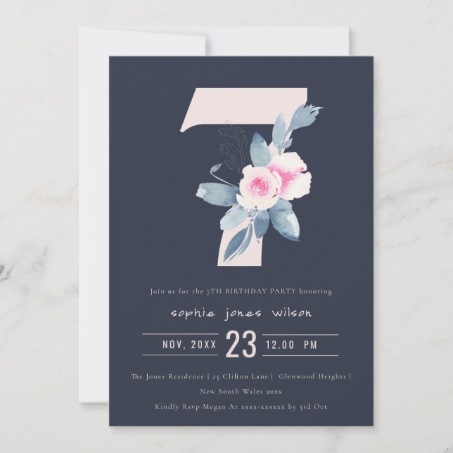 INVITACIÓN FLORAL AZUL DE RUBOR SOFT NAVY 7 CUALQUIER CUMPLEA (Anverso)