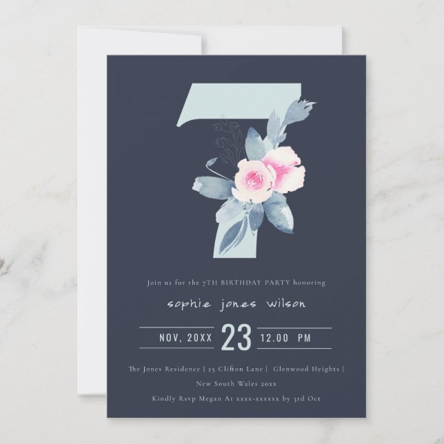 INVITACIÓN FLORAL AZUL DE RUBOR SOFT NAVY 7 CUALQUIER CUMPLEA (Anverso)