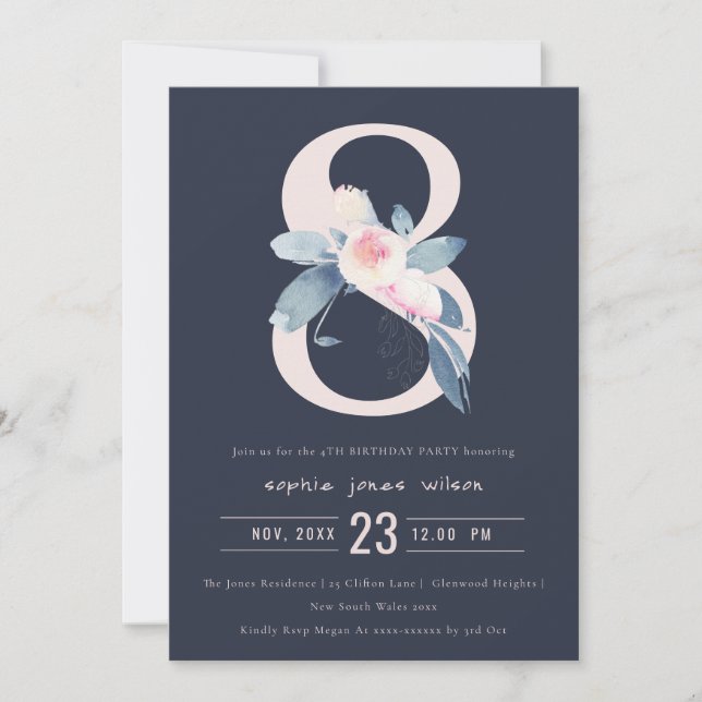 INVITACIÓN FLORAL AZUL DE RUBOR SOFT NAVY 8 CUALQUIER CUMPLEA (Anverso)