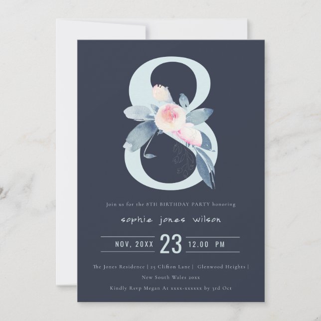 INVITACIÓN FLORAL AZUL DE RUBOR SOFT NAVY 8 CUALQUIER CUMPLEA (Anverso)