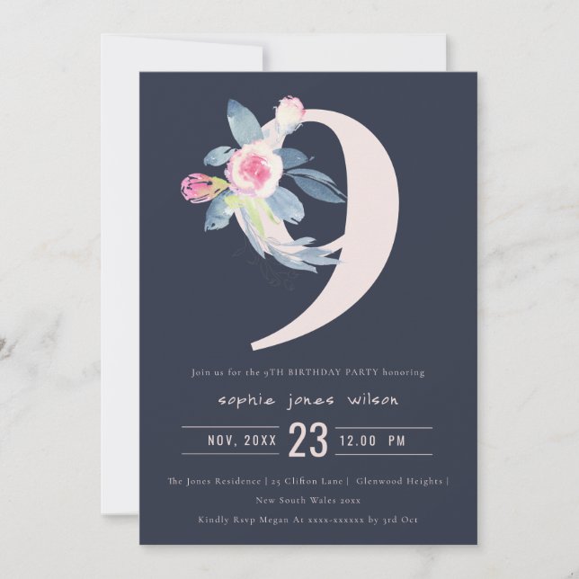 INVITACIÓN FLORAL AZUL DE RUBOR SOFT NAVY 9 CUALQUIER CUMPLEA (Anverso)
