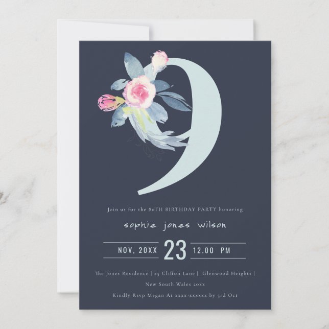 INVITACIÓN FLORAL AZUL DE RUBOR SOFT NAVY 9 CUALQUIER CUMPLEA (Anverso)