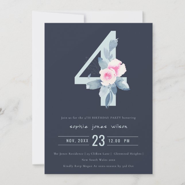INVITACIÓN FLORAL AZUL DE RUBOR SOFT NAVY CUATRO AÑOS (Anverso)