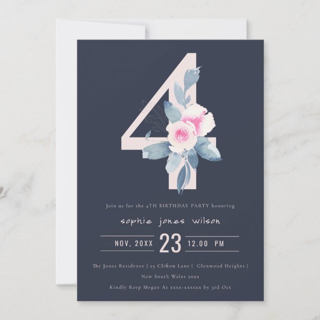 INVITACIÓN FLORAL AZUL DE RUBOR SOFT NAVY CUATRO AÑOS (Anverso)