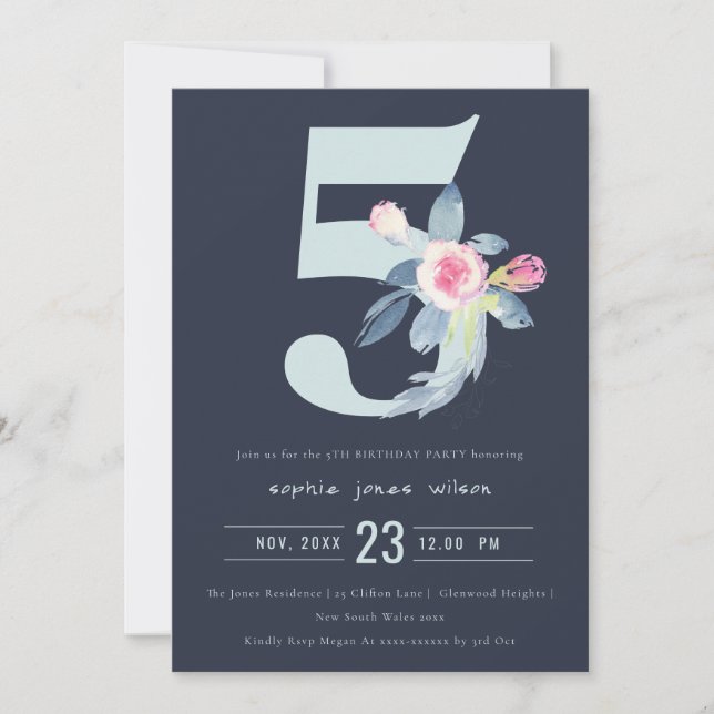 INVITACIÓN FLORAL AZUL DE RUBOR SOFT NAVY DE 5 AÑOS (Anverso)