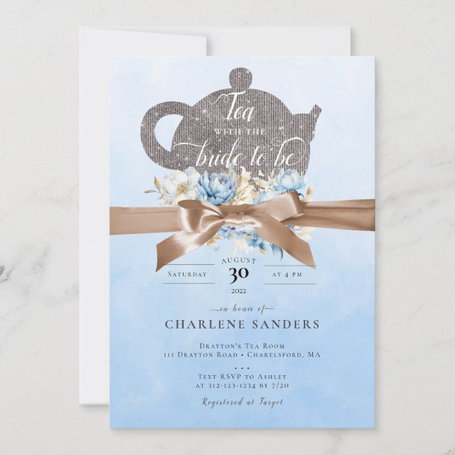 Invitación Floral azul de sueño y té de novia de barro (Anverso)