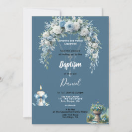 Invitación Floral azul del bautismo de niño
