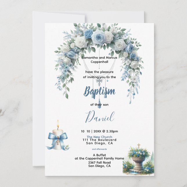 Invitación Floral azul del bautismo de niño (Anverso)