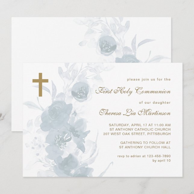 Invitación Floral azul delgada con comunión sagrada de la Cru (Anverso / Reverso)