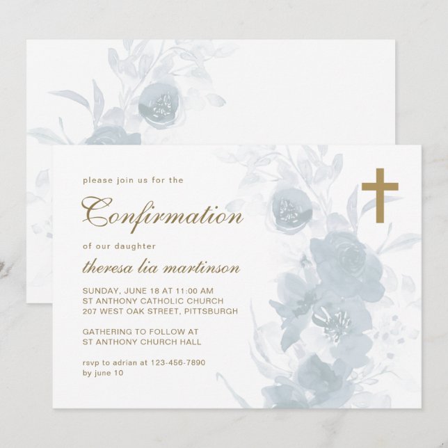 Invitación Floral azul delgada con confirmación cruzada (Anverso / Reverso)