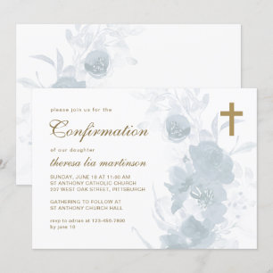 Invitación Floral azul delgada con confirmación cruzada