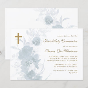 Invitación Floral azul Delicado con Santa Comunión