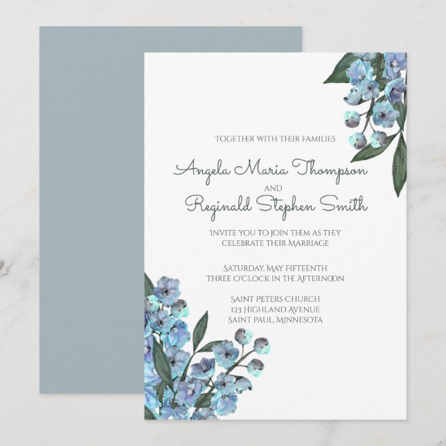 Invitación Floral azul Delphinium Bouquet (Anverso / Reverso)