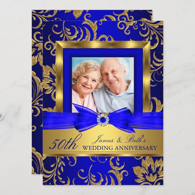 Invitación Floral azul dorada foto 50 aniversario de Boda (Anverso / Reverso)