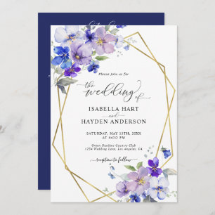 Invitación Floral azul dorado púrpura todo en 1 Boda de códig