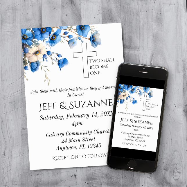 Invitación Floral azul dos se convierte en un Boda cruzado (Blue Floral Two Become One Cross Wedding Invitation)