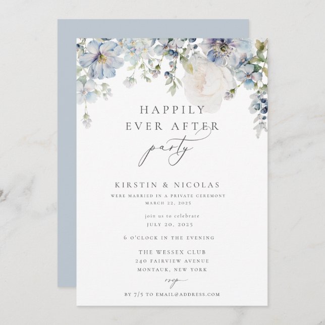 Invitación Floral Azul Dusto Feliz Nunca Después De Un Fiesta (Anverso / Reverso)