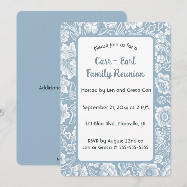 Invitación Floral azul editable (Anverso / Reverso)