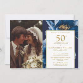 Invitación Floral Azul Elegante foto de 50 años