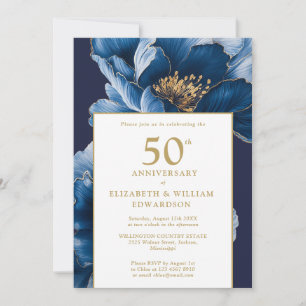 Invitación Floral Azul Elegante Moderno 50 Aniversario