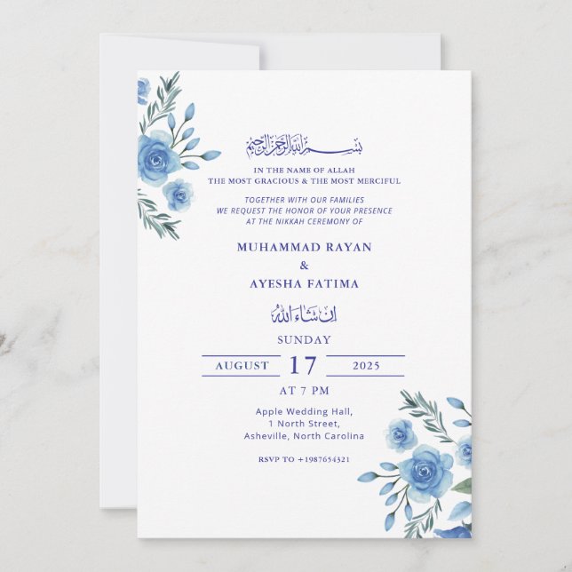 Invitación Floral azul elegante Nikkah Boda islámico árabe (Anverso)