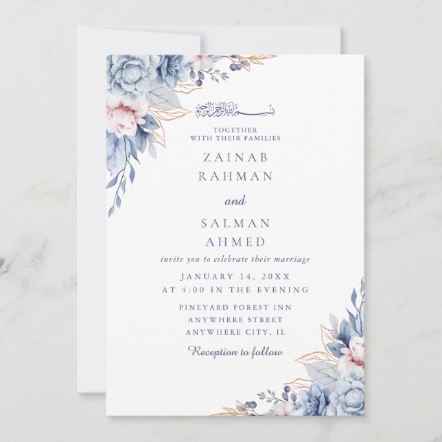 Invitación Floral azul elegante Nikkah Boda islámico árabe (Anverso)