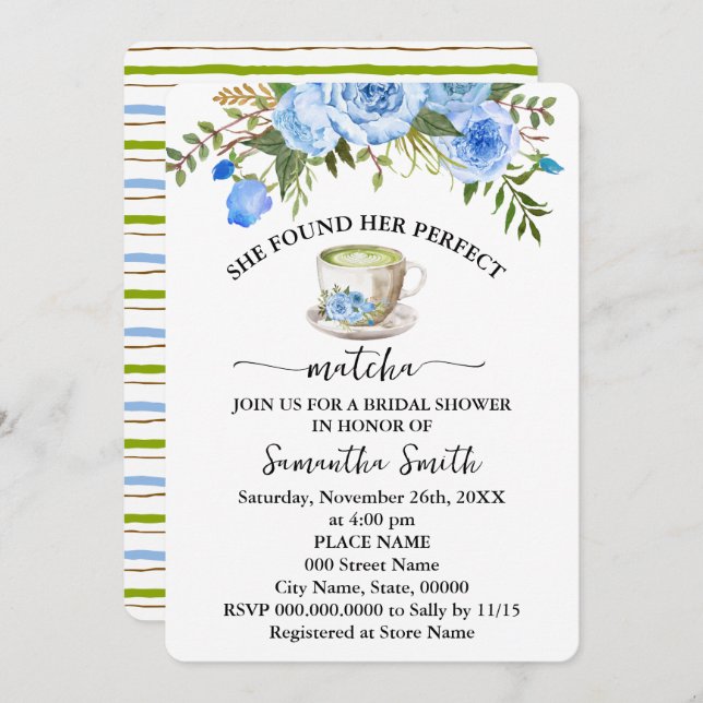 Invitación Floral azul encontró su ducha nupcial Matcha perfe (Anverso / Reverso)