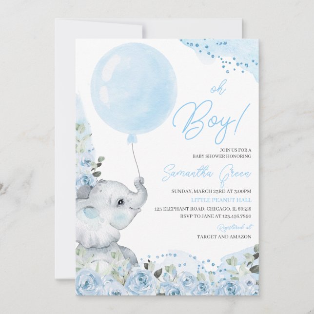 Invitación Floral azul es una Baby Shower de niño elefante (Anverso)