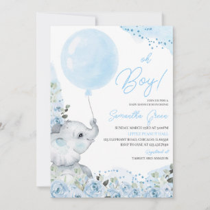 Invitación Floral azul es una Baby Shower de niño elefante