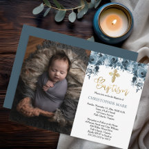 Floral azul Faux Gold Boy Photo Baptism