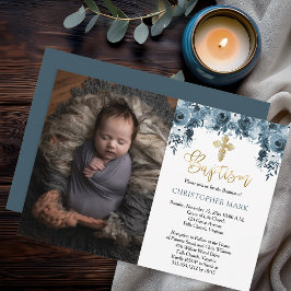Invitación Floral azul Faux Gold Boy Photo Baptism