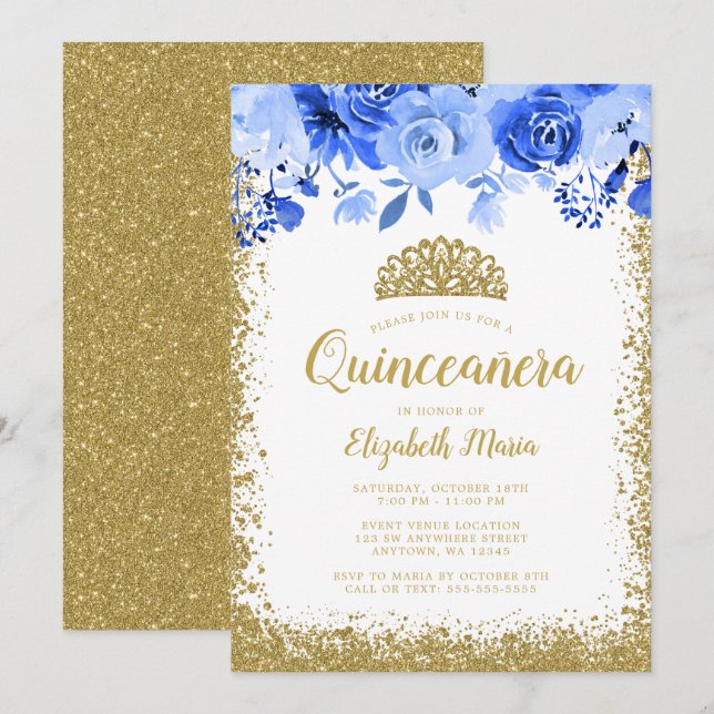 Invitación Floral azul Faux Gold Purpurina Tiara Quinceanera (Anverso / Reverso)