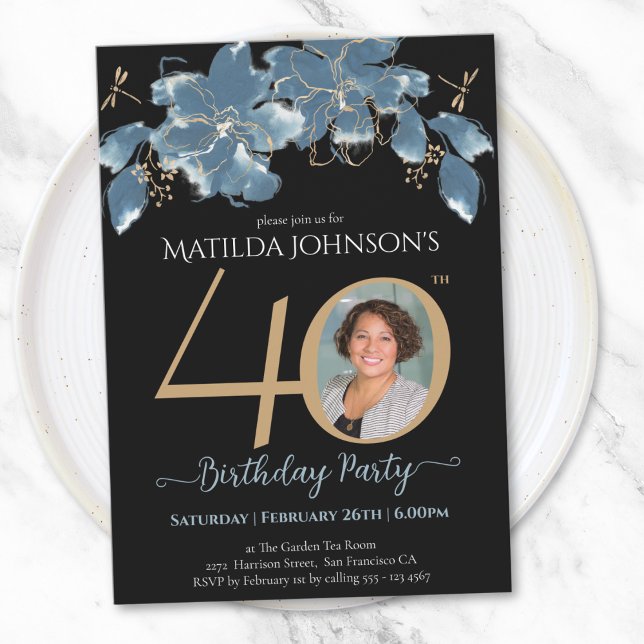 Invitación Floral azul foto 40 cumpleaños (Blue Floral Photo 40th Birthday Invitation)