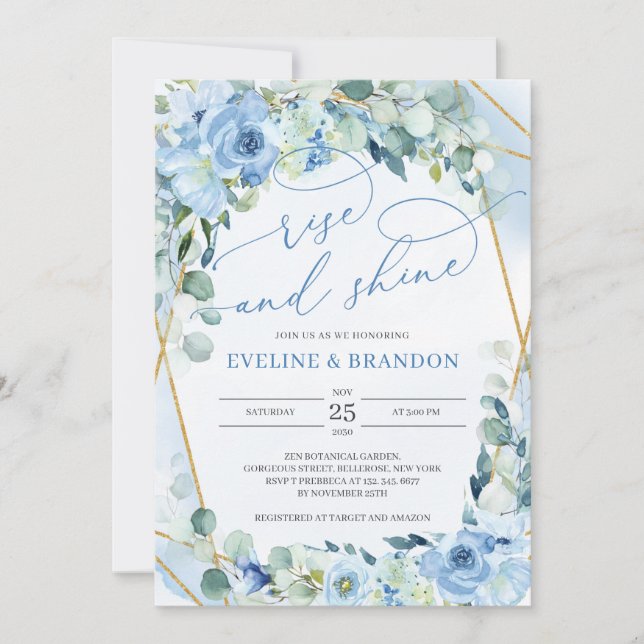 Invitación Floral azul GOld Auge geométrico y Boda brillante (Anverso)
