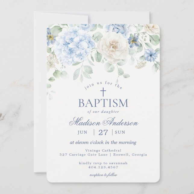 Invitación Floral azul Hidrangea Blooms Botánicos Baptismo (Anverso)