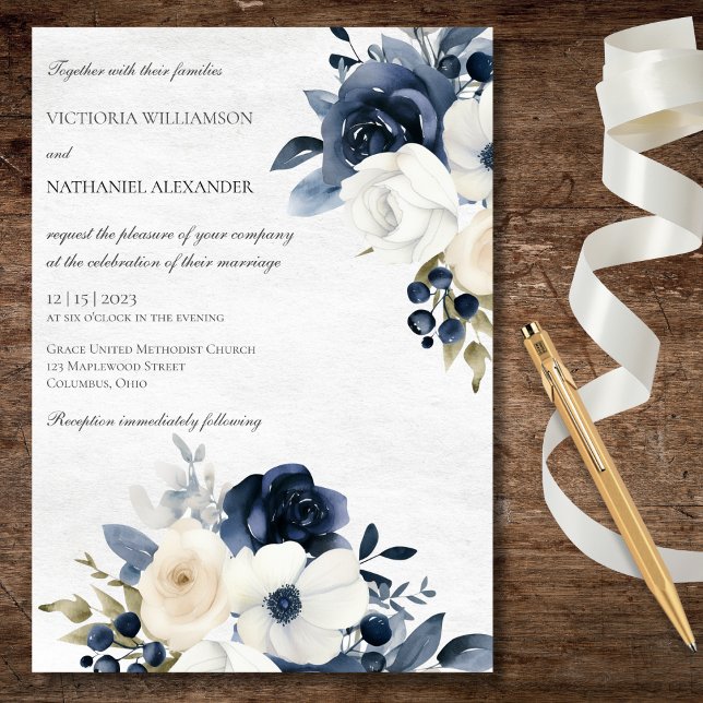 Invitación Floral azul invernal en un Boda blanco confuso (Subido por el creador)