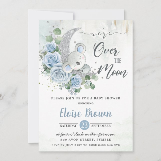 Invitación Floral azul Koala estamos sobre la luna Baby Showe (Anverso)
