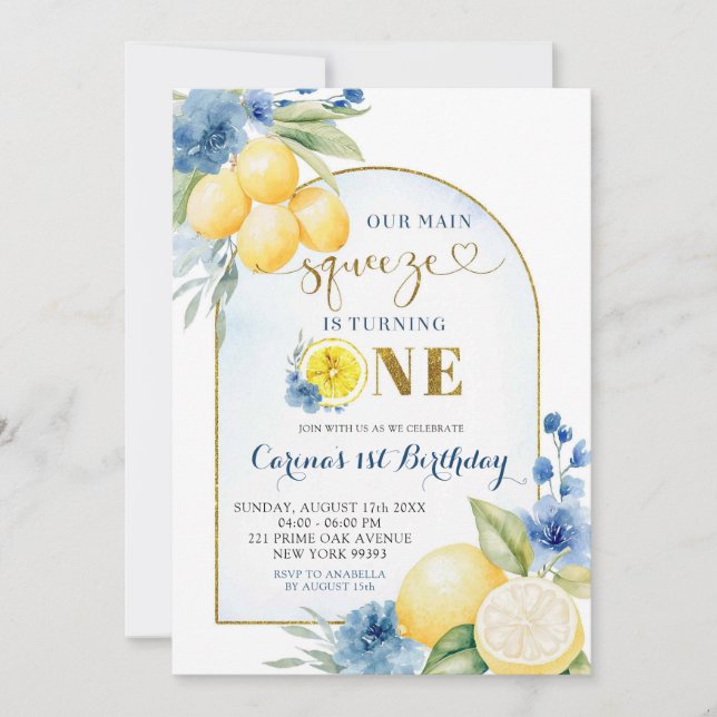 Invitación Floral azul Lemon Main Squeeze Primer cumpleaños (Anverso)