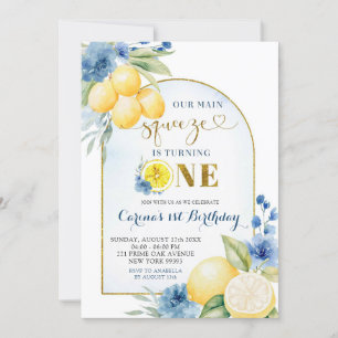 Invitación Floral azul Lemon Main Squeeze Primer cumpleaños