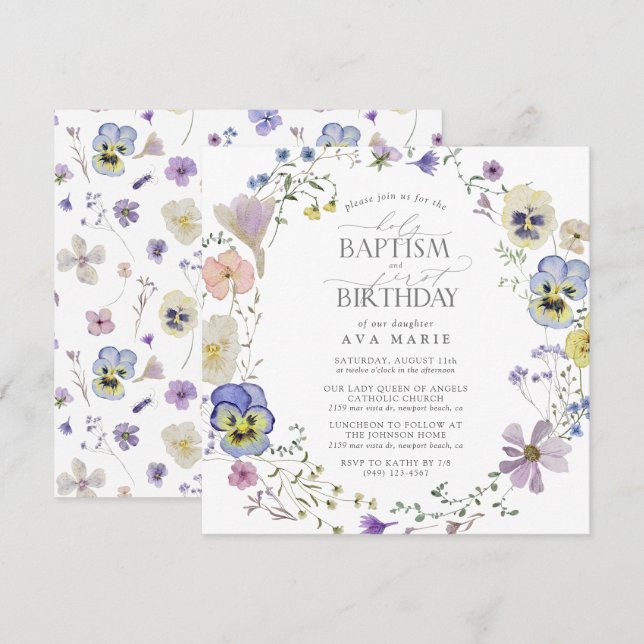 Invitación Floral azul Lilac Baptismo Primer cumpleaños (Anverso / Reverso)