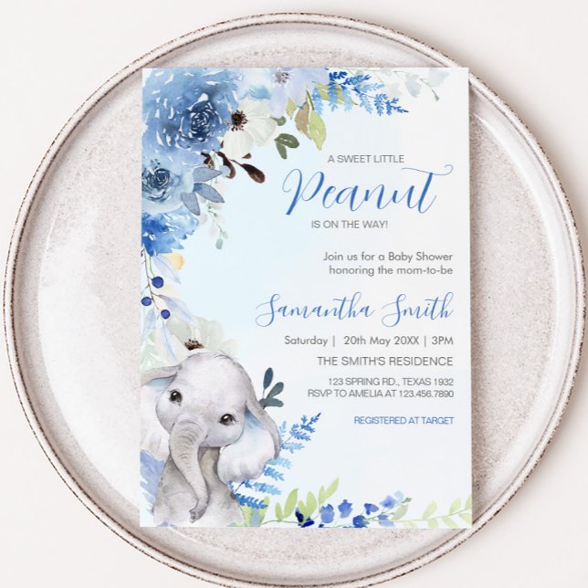 Invitación Floral azul Little Peanut Baby Shower (Blue Floral Elephant Spring Baby Shower Invitation
)