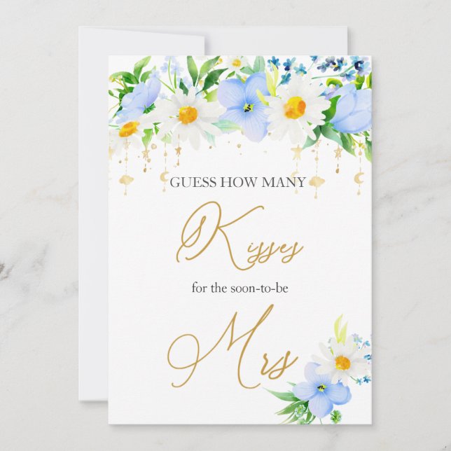 Invitación Floral azul margarita blanca adivina cuántos besos (Anverso)
