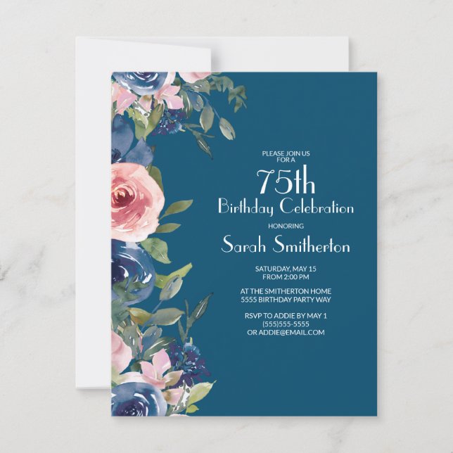 Invitación Floral azul marino azul rosa hojas 75 cumpleaños (Anverso)