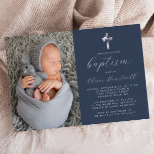 Invitación Floral Azul Marino Cruz Plateada Foto Bautizo Niño