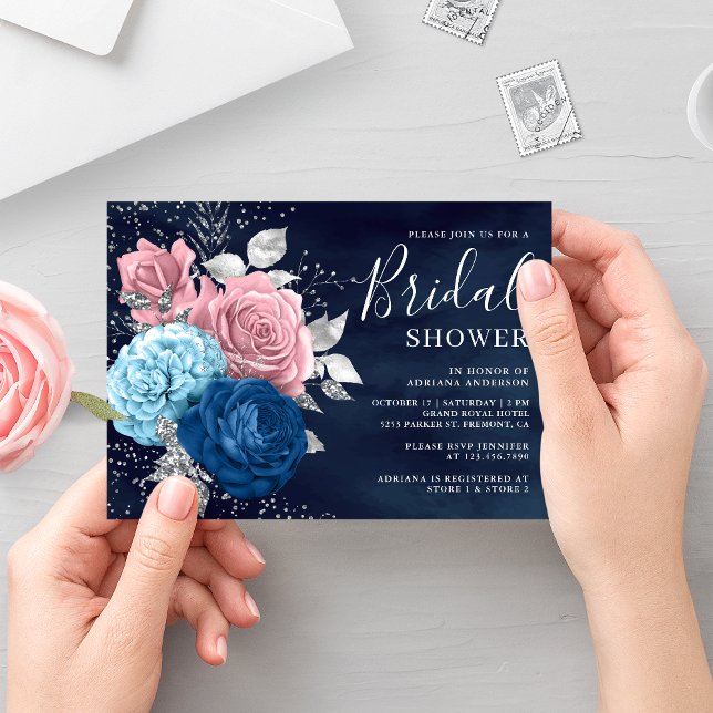 Invitación Floral azul marino Dusty Floral rosa ducha de novi (Subido por el creador)