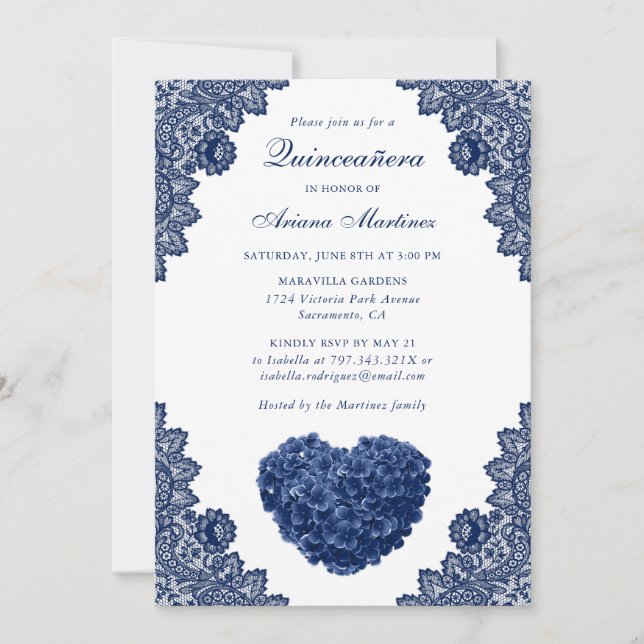 Invitación Floral azul marino Quinceañera 15º cumpleaños (Anverso)